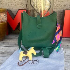 Green Leather Hermes Shoulder Bag with Scarf Accent -copy